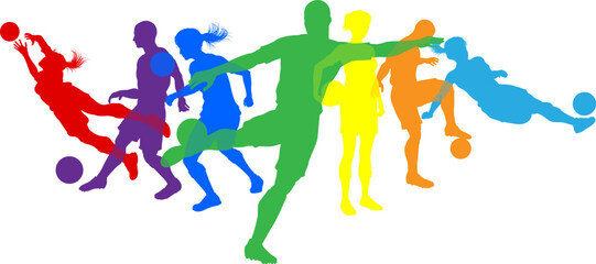 Silhouette soccer football player set. Active sports people healthy players fitness silhouettes concept.