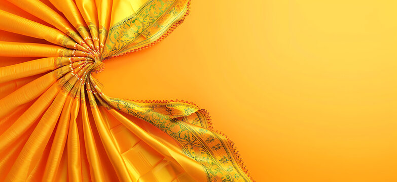 Yellow saree on orange backdrop, Indian wedding theme. Elegant draping against vibrant background, capturing traditional marriage essence with intricate gold trimmings.