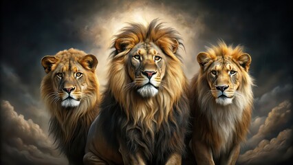Painting of three majestic lions on a dramatic black background, lions, animals, wildlife, artwork, painting, fierce