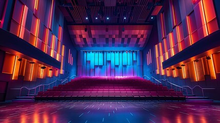 Colorfully illuminated empty theater stage with dramatic lighting and vibrant colors. Concept of performing arts, entertainment industry, and anticipation