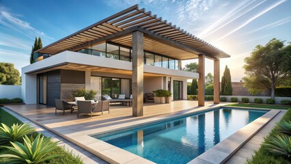 Modern villa with pergola next to pool, perfect for luxury vacation or relaxation, villa, modern, render, pergola