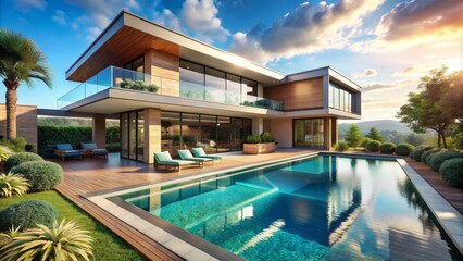 Fototapeta premium Luxurious contemporary residential exterior featuring sleek lines, lavish landscaping, and sparkling turquoise infinity pool overlooking breathtaking sunny landscape.