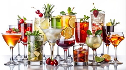 Assorted classic cocktails isolated on a white background, showcasing a collection of premium liquors, garnishes, and elegant glassware arrangements.