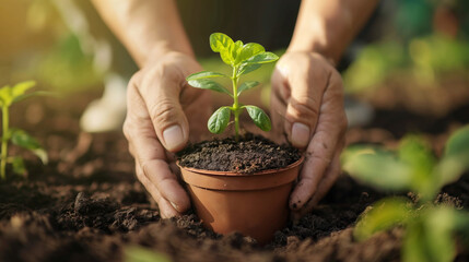 Hands planting a young seedling in the soil, emphasizing nurturing and growth. Concept of agriculture, sustainability, and nature
