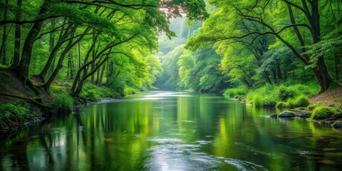 Obraz premium Serene river running through a lush green forest, beautiful, river, nature, serene, peaceful, forest, trees, water, tranquil