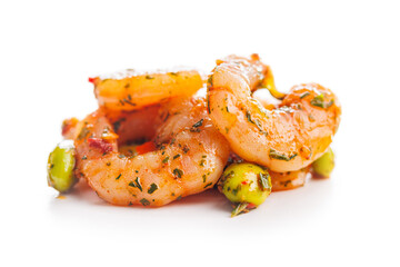Fresh salad with shrimps and edamame soybeans isolated on white background.