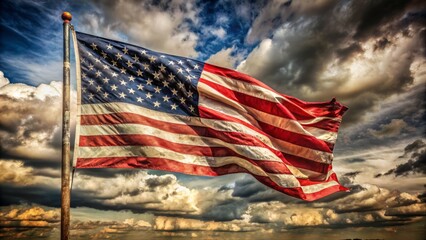 Weathered American flag with distressed stars and stripes waving freely against a dramatic cloudy sky with rustic texture evident.