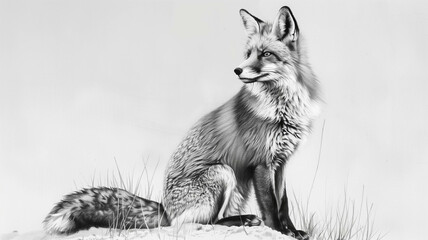 A black-and-white sketch of a fox on a pure white canvas, the fox in the same pose as the sketch