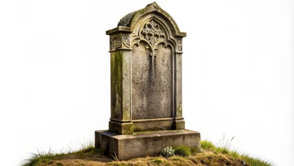 Obraz premium Weathered, solitary gravestone with intricate carvings, standing upright on a white background, conveying a sense of mortality and eternal silence.