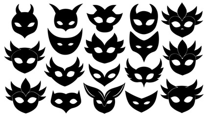 Masquerade Mask Silhouette Designs Black Vector Illustrations on White Background