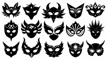 Masquerade Mask Silhouette Designs Black Vector Illustrations on White Background