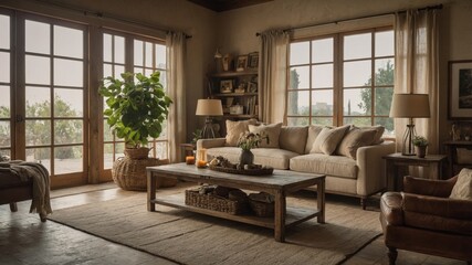 A bright rustic living room featuring large windows, a comfortable beige sofa, wooden furniture, indoor plants, and warm lighting, creating an inviting atmosphere.
