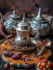 Wooden table with silver teapot