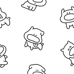 Cute cartoon puppy characters. Seamless pattern. Coloring Page. Adorable dog with different emotions. Hand drawn style. Vector drawing. Design ornaments.