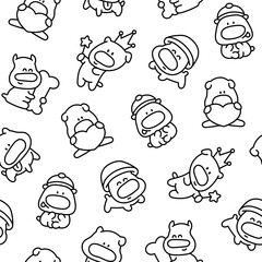 Cute cartoon puppy characters. Seamless pattern. Coloring Page. Adorable dog with different emotions. Hand drawn style. Vector drawing. Design ornaments.