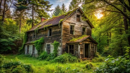 Old abandoned house deep in the woods surrounded by trees and overgrown vegetation, forest, rural, creepy, mysterious