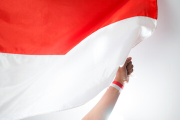 Excited men holding flags celebrating Indonesia's independence day