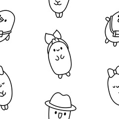 Funny bread characters. Seamless pattern. Coloring Page. Cute tasty bakery pastries, cartoon happy bagets faces. Hand drawn style. Vector drawing. Design ornaments.