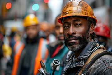 Worker wearing helmet on the construction site in a World Labor Day.