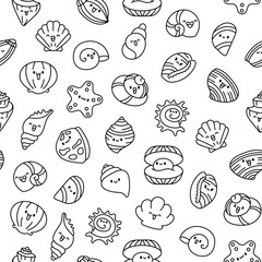 Cute kawaii sea shell. Seamless pattern. Coloring Page. Cartoon aquatic life. Marine seashell characters, summer vacation. Hand drawn style. Vector drawing. Design ornaments.