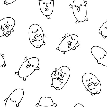 Funny bread characters. Seamless pattern. Coloring Page. Cute tasty bakery pastries, cartoon happy bagets faces. Hand drawn style. Vector drawing. Design ornaments.