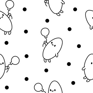 Funny bread characters. Seamless pattern. Coloring Page. Cute tasty bakery pastries, cartoon happy bagets faces. Hand drawn style. Vector drawing. Design ornaments.