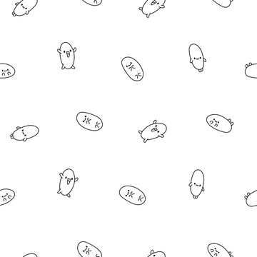 Funny bread characters. Seamless pattern. Coloring Page. Cute tasty bakery pastries, cartoon happy bagets faces. Hand drawn style. Vector drawing. Design ornaments.