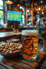 Beer Mug and Peanuts in Pub with Soccer on TV