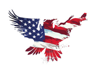 Artistic illustration of an eagle with wings featuring the American flag. Symbolizes freedom, patriotism, and American pride.
