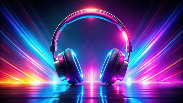 Neon glowing headphones with a vibrant electro house music cover album, Neon, glowing, headphones, electro, house, music