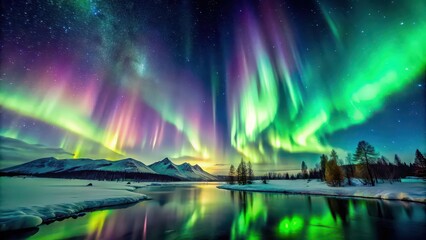 Majestic display of Northern Lights dancing across the night sky, aurora borealis, magical, stardust