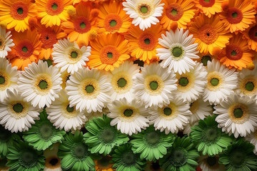 Colorful floral arrangement with orange, white, and green flowers, forming a pattern resembling the Indian flag. Concept for India Independence Day, floral decor, and festive celebrations