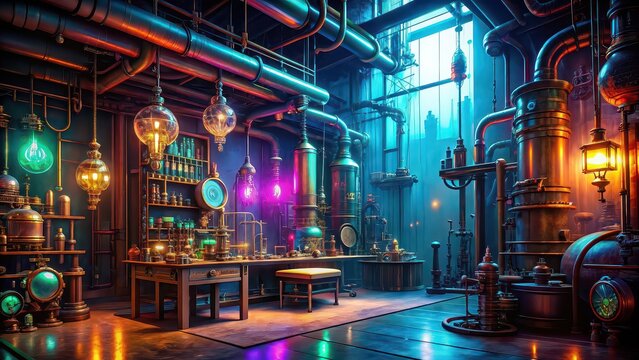 Neon-lit steampunk science lab with intricate details , neon, steampunk, science, lab, intricate, details, vintage, technology