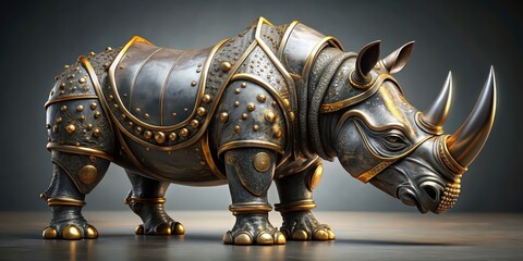 Rhinoceros sculpture made of metal and gold, rhinoceros, sculpture, metal, gold, artwork, decor, animal, exotic, unique