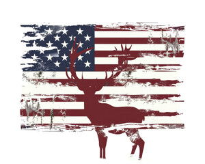 Distressed American flag with an elk silhouette overlay, symbolizing wildlife and patriotism in a rustic design.