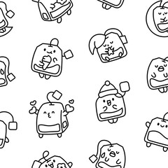 Funny tea bag with different emotions. Seamless pattern. Coloring Page. Cartoon character. Hand drawn style. Vector drawing. Design ornaments.