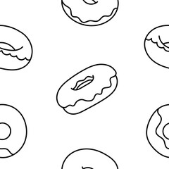 Donuts with glaze. Seamless pattern. Coloring Page. Sweet doughnuts. Chocolate confectionery. Hand drawn style. Vector drawing. Design ornaments.