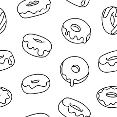 Donuts with glaze. Seamless pattern. Coloring Page. Sweet doughnuts. Chocolate confectionery. Hand drawn style. Vector drawing. Design ornaments.