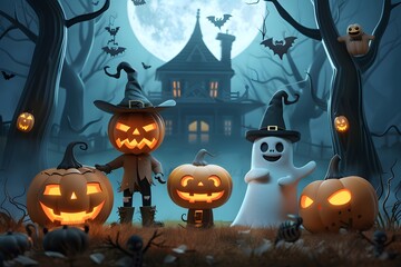 Spooky Halloween scene with glowing jack-o'-lanterns, ghosts, and haunted house under a full moon.