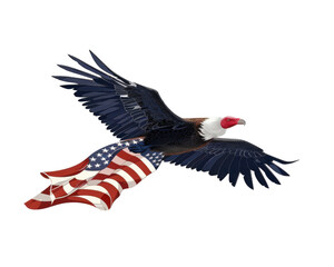 Fototapeta premium Illustration of a bald eagle flying with an American flag, symbolizing freedom and patriotism, perfect for Independence Day themes.