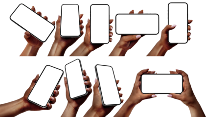 Black hands holding modern smartphones with blank screens on a transparent background. Perfect for presenting mobile apps, websites, and technology-related projects.