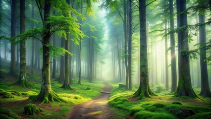 Obraz premium Majestic forest covered in a mystical mist , Woods, Trees, Fog, Mystical, Nature, Tranquil, Serene, Peaceful, Green