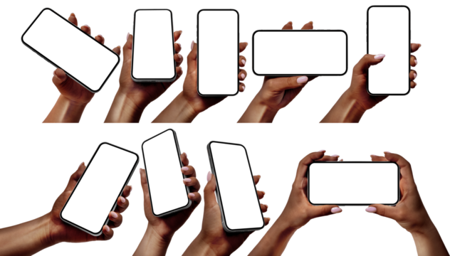 Black hands holding modern smartphones with blank screens on a transparent background. Perfect for presenting mobile apps, websites, and technology-related projects.
