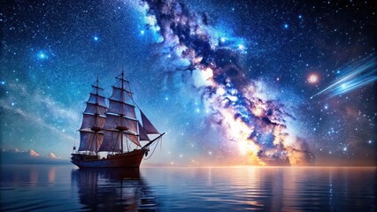 Obraz premium Ship sailing under the starry night sky, ship, night, ocean, water, stars, moon, tranquil, peaceful, voyage, journey, darkness