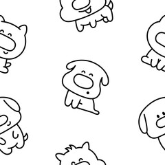 Cute dogs and puppy characters. Seamless pattern. Coloring Page. Cartoon funny pet animals. Hand drawn style. Vector drawing. Design ornaments.