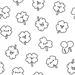 Cute kawaii lucky clover. Seamless pattern. Coloring Page. Cartoon funny characters. Hand drawn style. Vector drawing. Design ornaments.