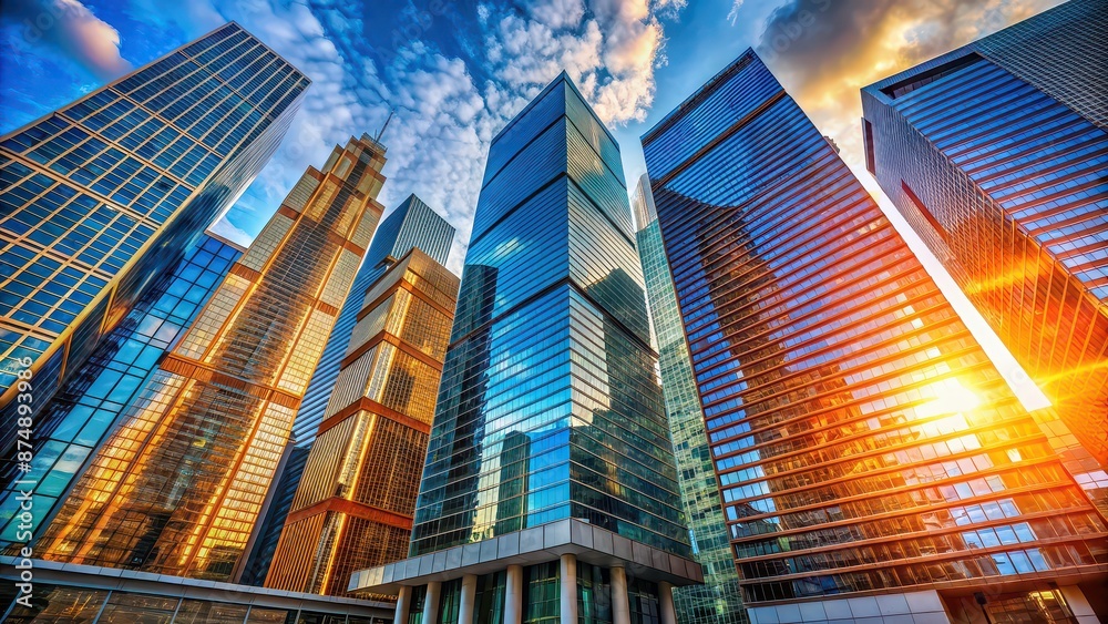 Wall mural Modern skyscrapers reflecting blue and orange colors, skyscrapers, modern architecture, cityscape, urban, buildings