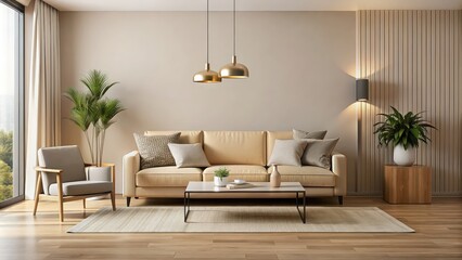 Fototapeta premium Minimalist living room with a beige sofa and modern decor, minimalist, living room, beige, sofa, modern, decor, interior, design