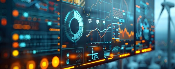 Close up of Wind Turbine Control Room with Futuristic Digital Screens and Data Visualizations