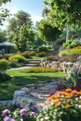 Garden with flowers and stone path